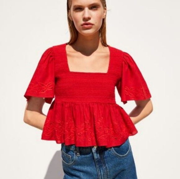 Zara Tops - Zara Ruffle Hem Embroidered Cropped Top